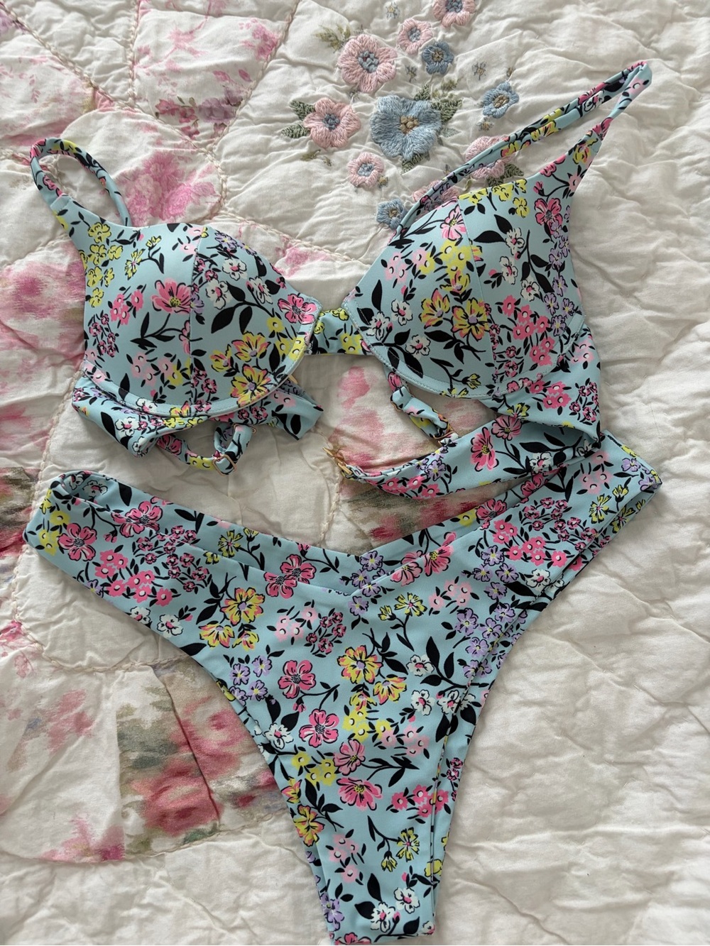 Light Blue Floral Push-up Bikini Set with Pink & Yellow Blooms